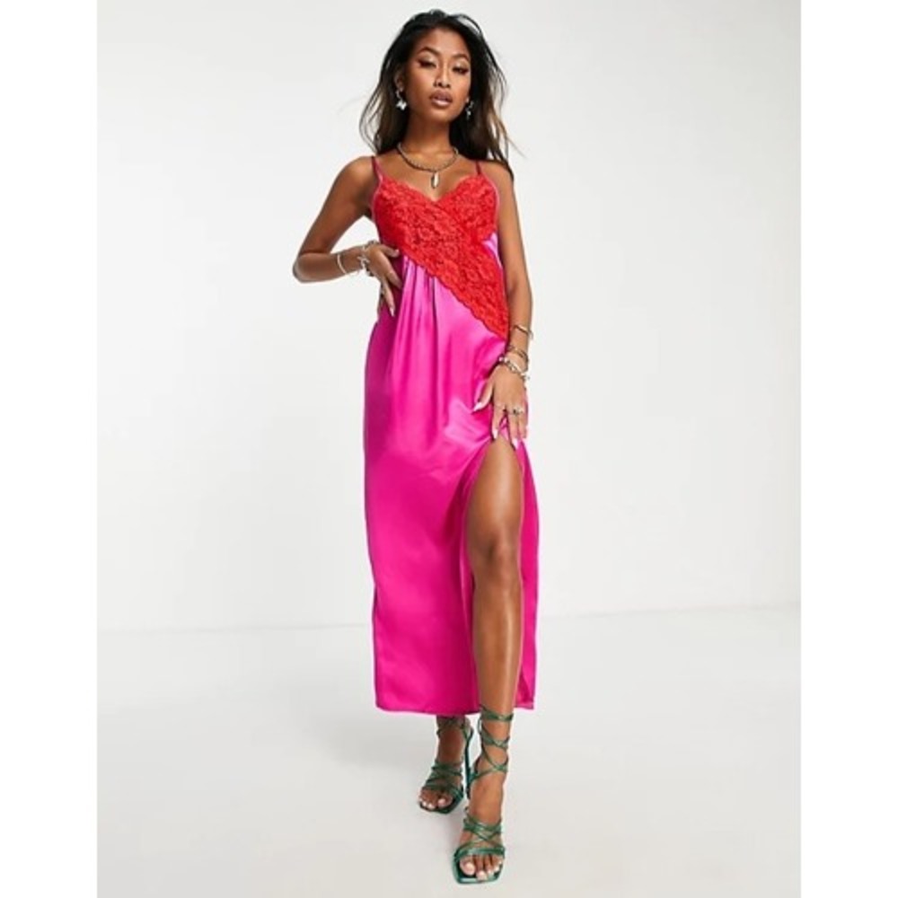 Satin Slip Dress Womens Size 6 Pink‎ Lace Trim Maxi Slinky Indie sleeze Romantic